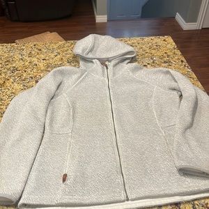 Large Columbia soft gray and white knit jacket.